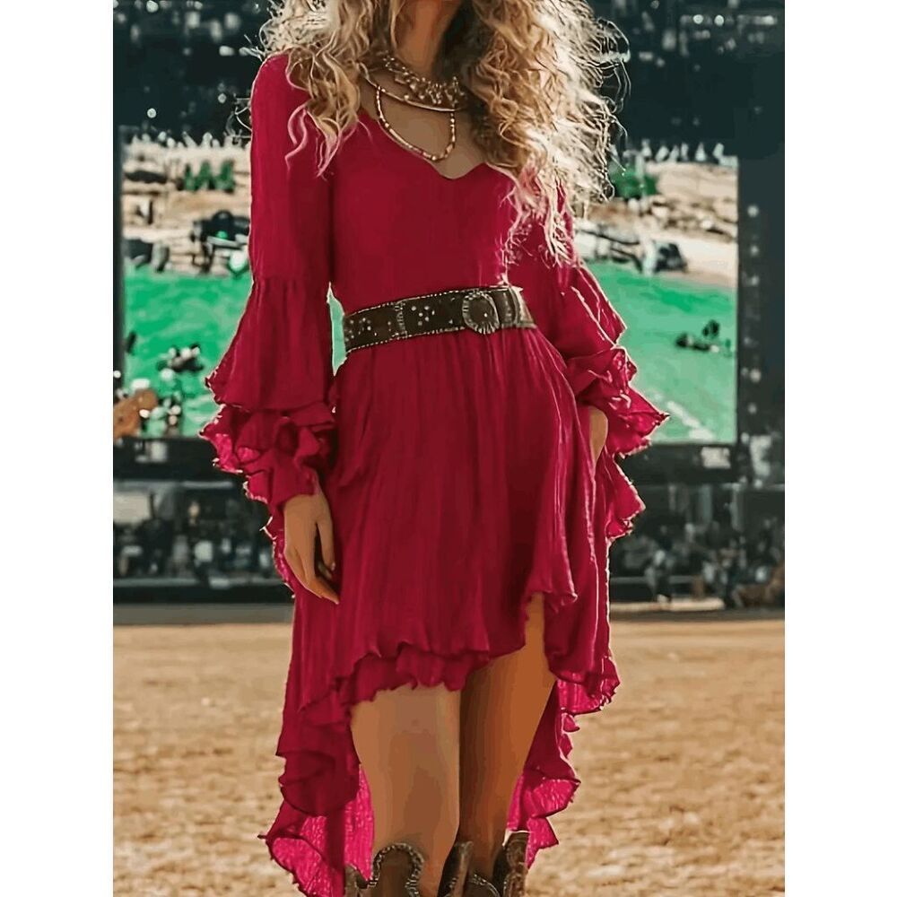 Boho Western V-Neck Double Layered Long Sleeve Ruffle Peplum Dress